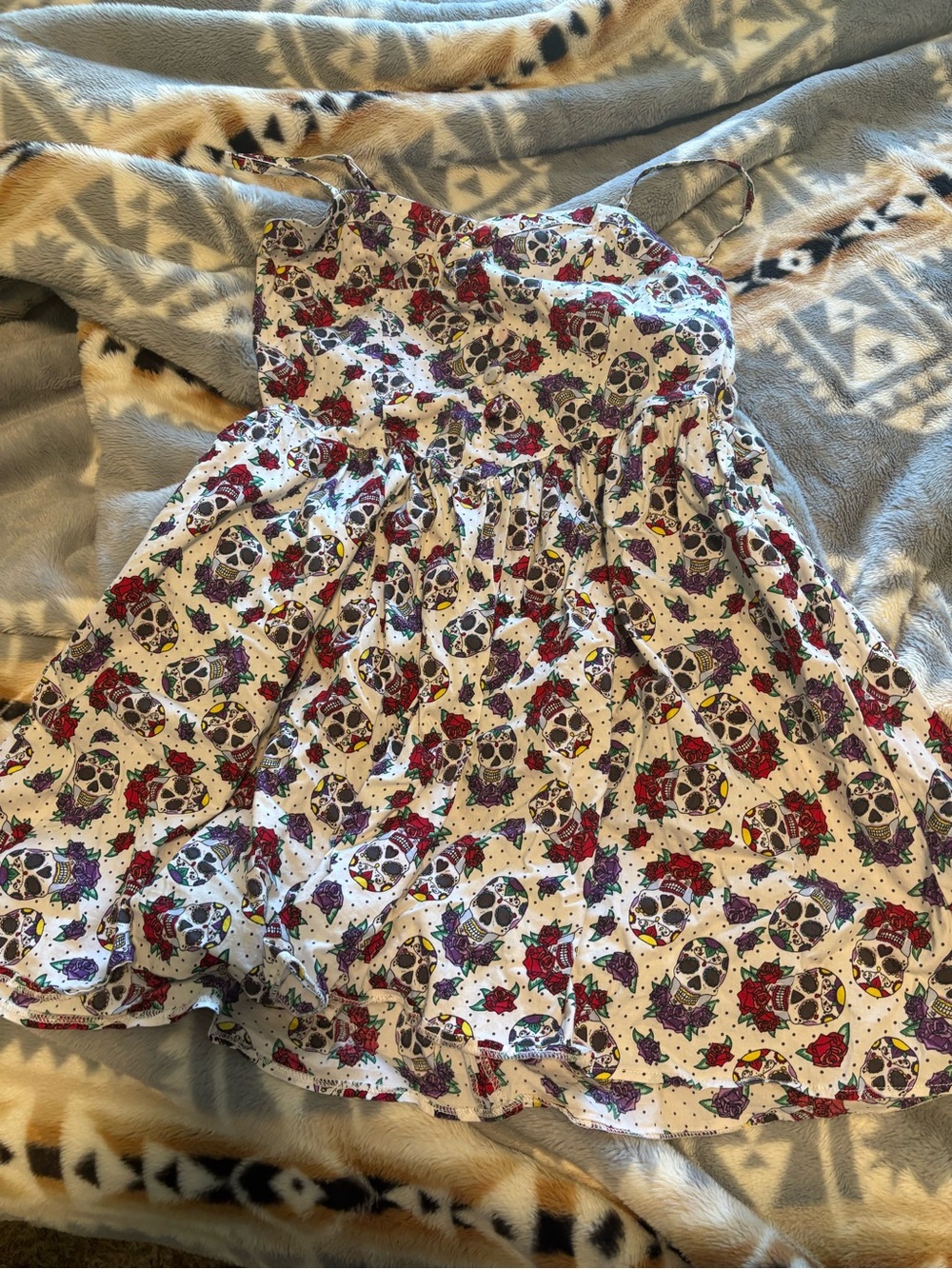 Hell Bunny White Sundress with Red Roses & Purple Skulls Pattern